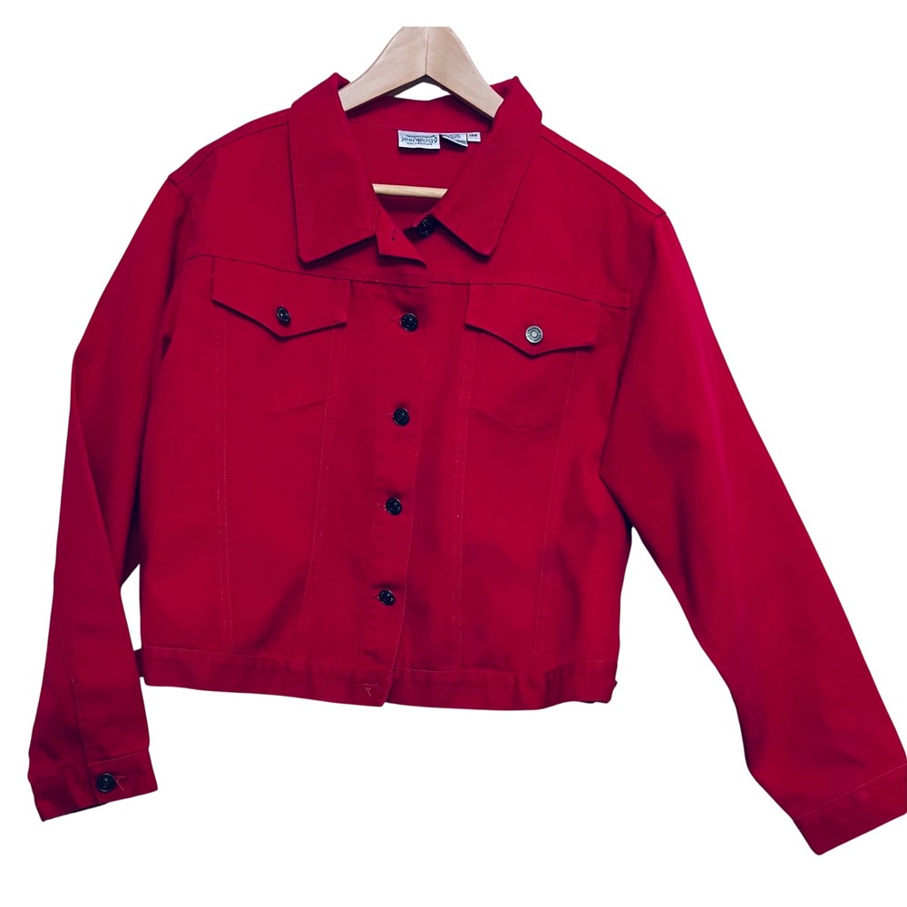 Newport News Jeanology Jacket Women 14W Red Excellent Cotton Denim Trucker